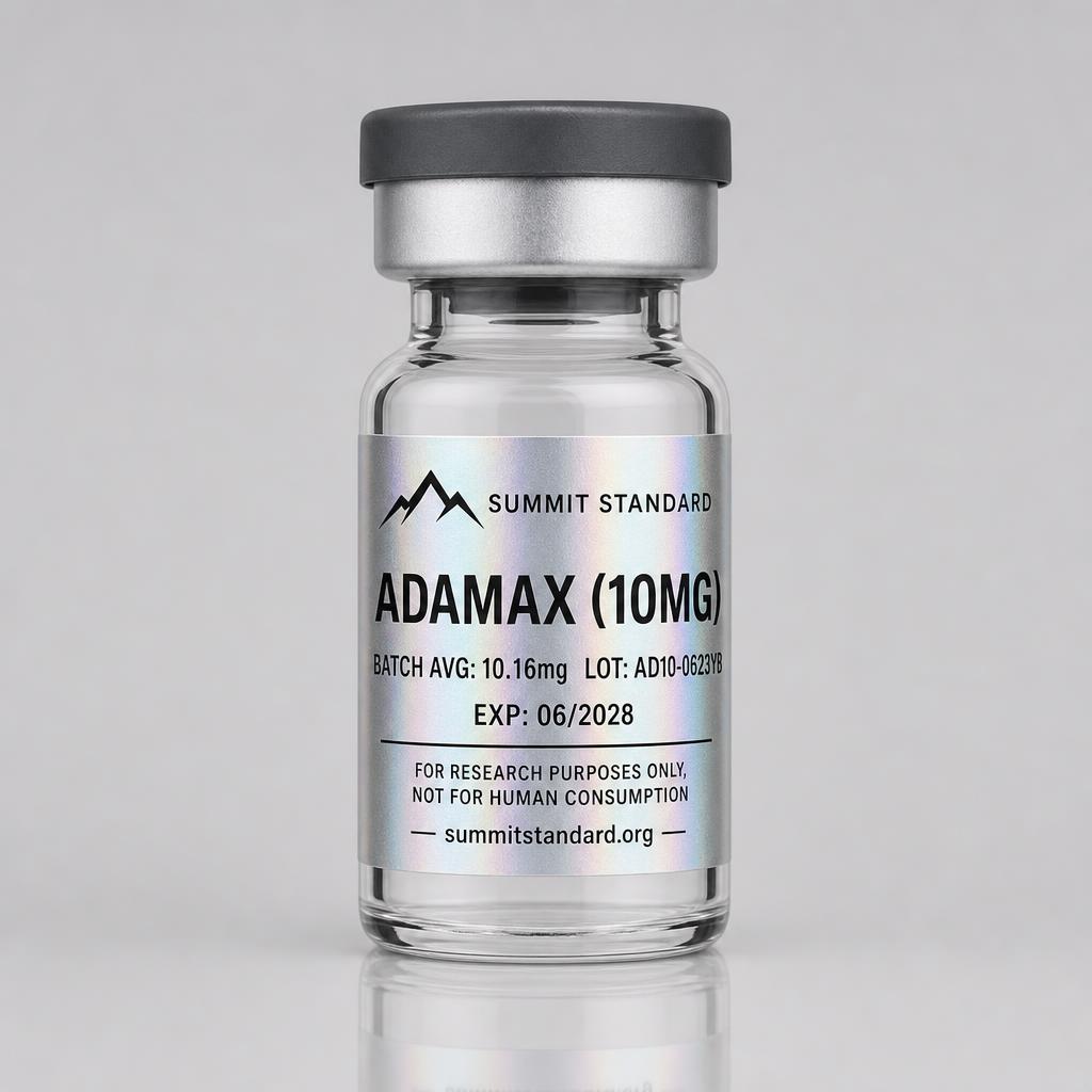 Adamax 10mg research vial with holographic Summit Standard label