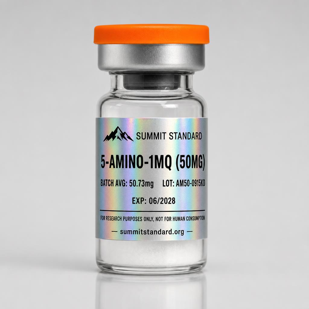 5-Amino-1MQ 50mg research vial with holographic Summit Standard label