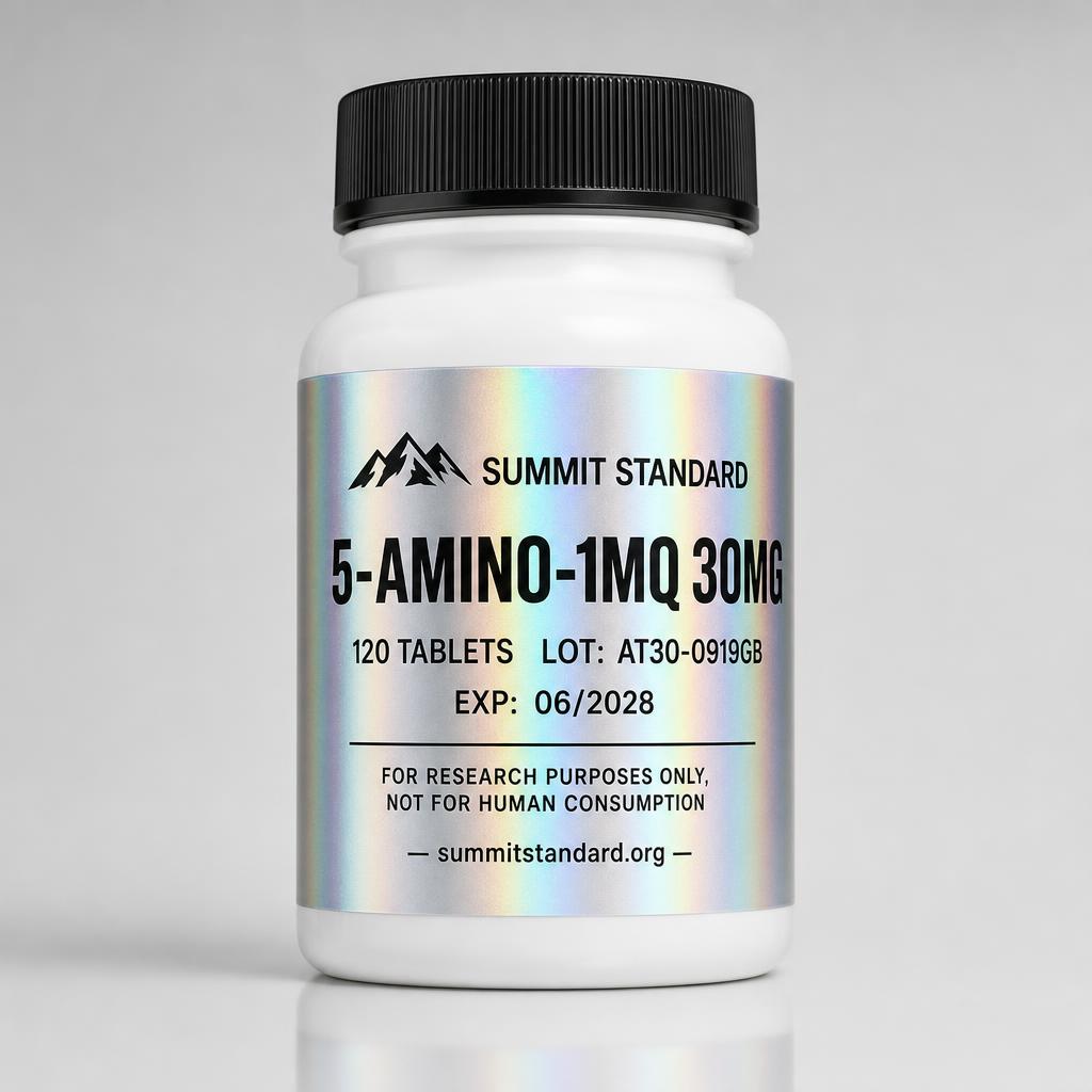 5-Amino-1MQ Tablets 30mg × 120 Tablets research tablets bottle with holographic Summit Standard label