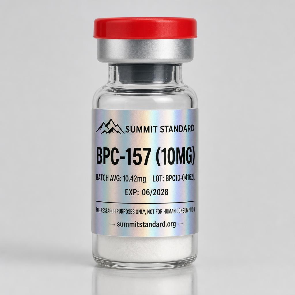 BPC-157 10mg research vial with holographic Summit Standard label