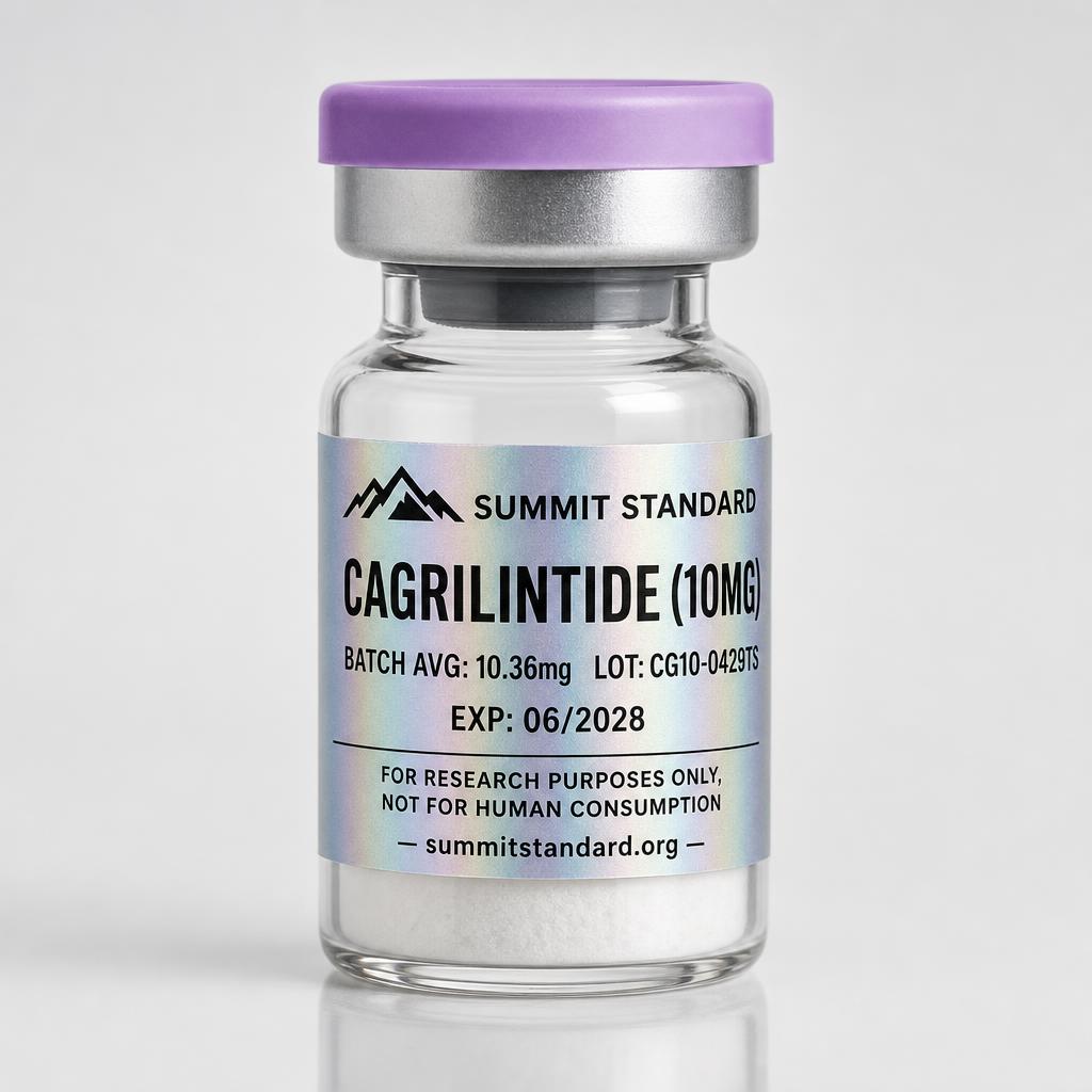Cagrilintide 5mg research vial with holographic Summit Standard label
