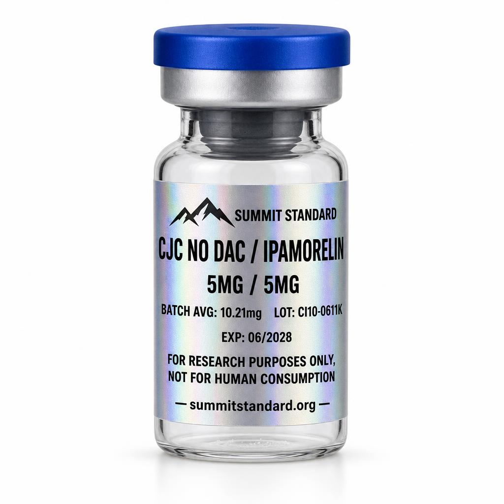 CJC no DAC / Ipamorelin 5mg/5mg research vial with holographic Summit Standard label