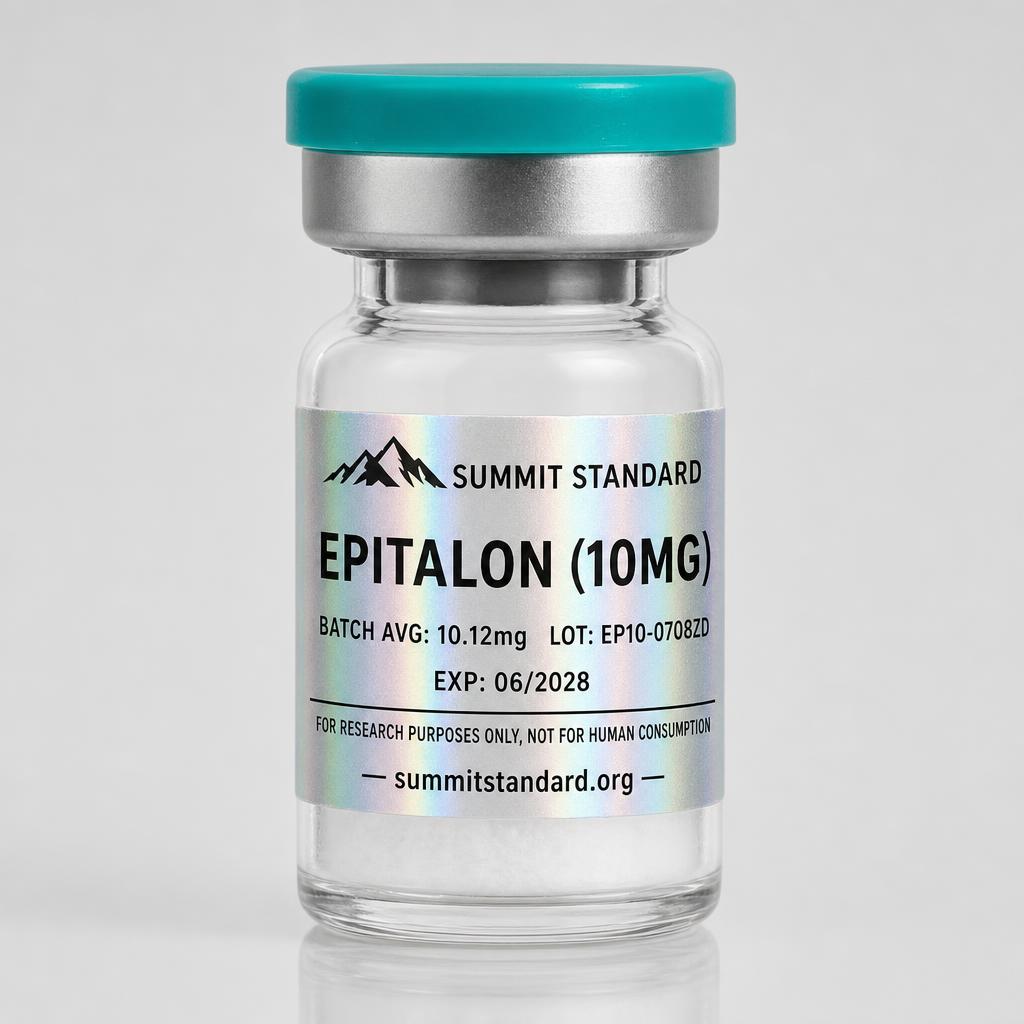 Epitalon 10mg research vial with holographic Summit Standard label