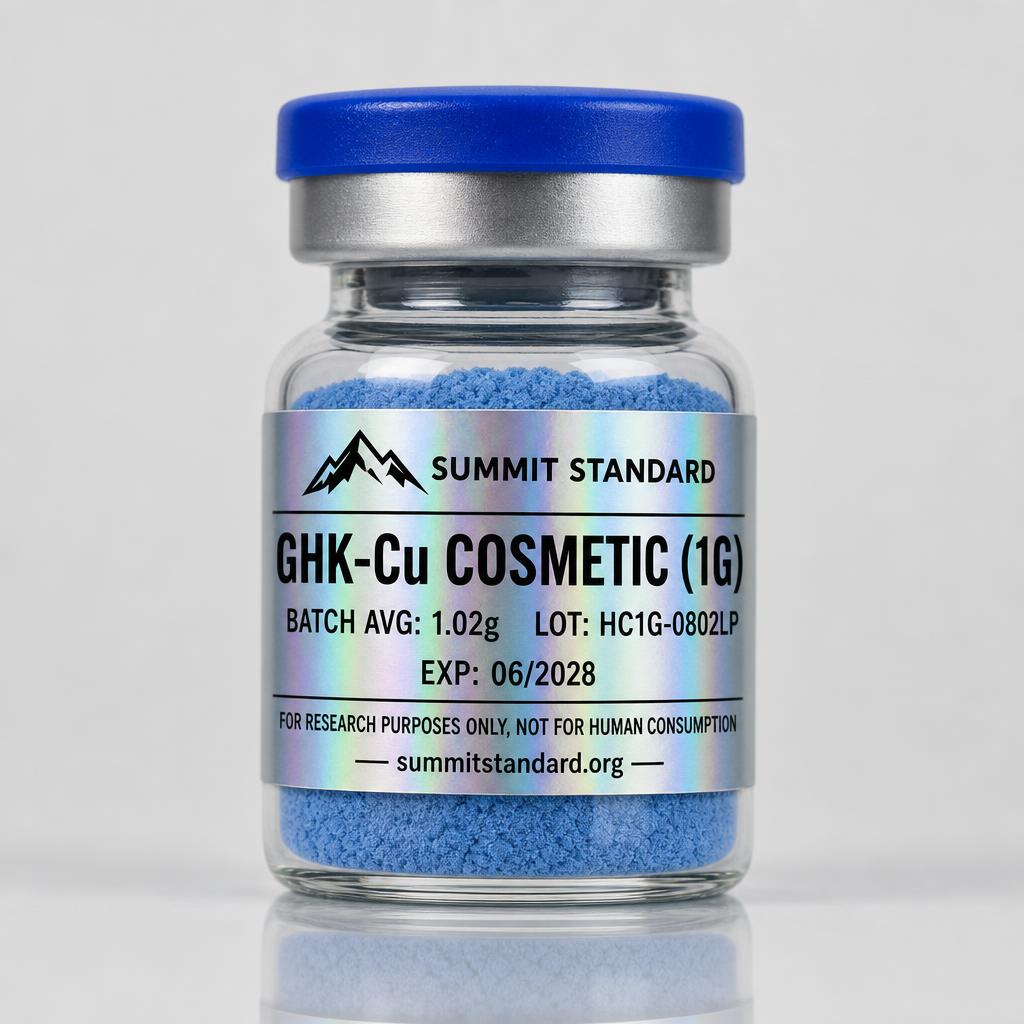 GHK-Cu Cosmetic Grade 1g research vial with holographic Summit Standard label