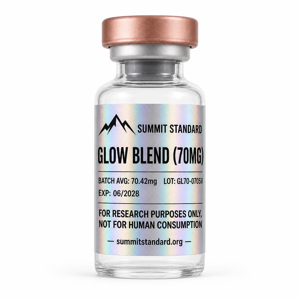 GLOW Blend 70mg research vial with holographic Summit Standard label