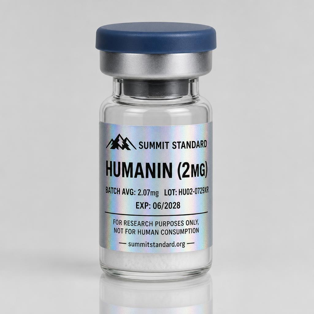 Humanin 2mg research vial with holographic Summit Standard label