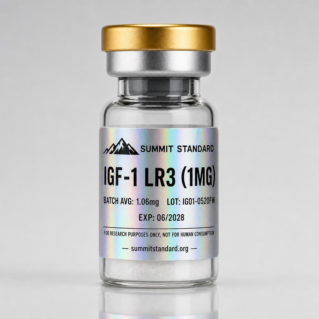 IGF-1 LR3 1mg research vial with holographic Summit Standard label