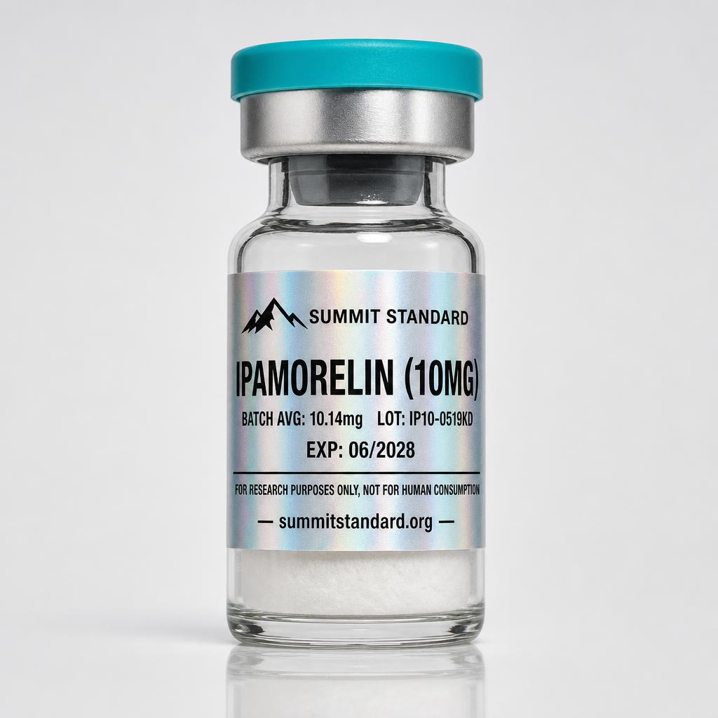 Ipamorelin 10mg research vial with holographic Summit Standard label