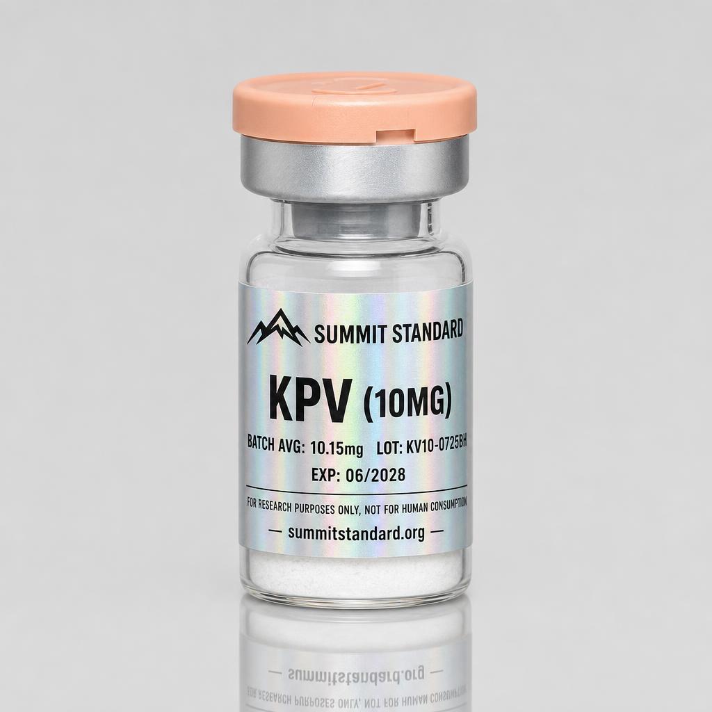 KPV 10mg research vial with holographic Summit Standard label