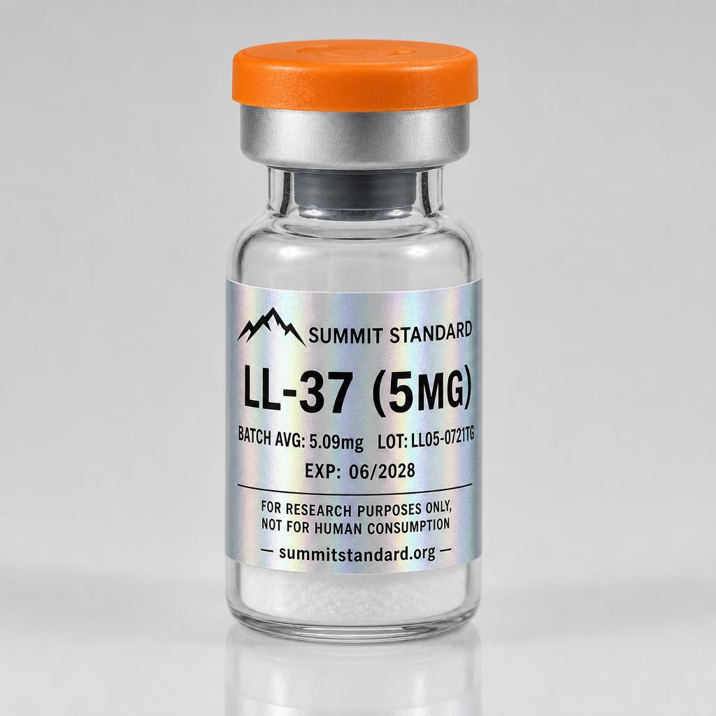 LL-37 5mg research vial with holographic Summit Standard label