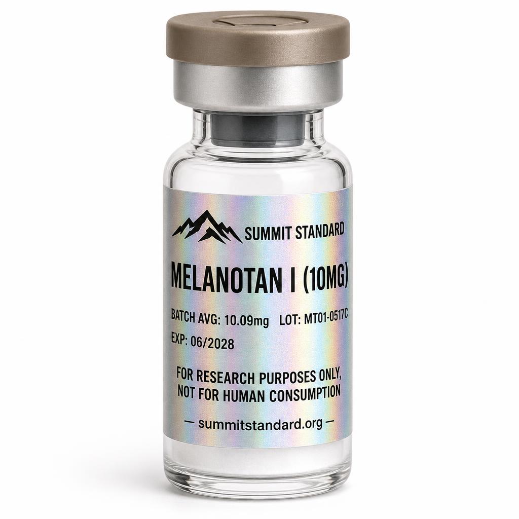 Melanotan I 10mg research vial with holographic Summit Standard label