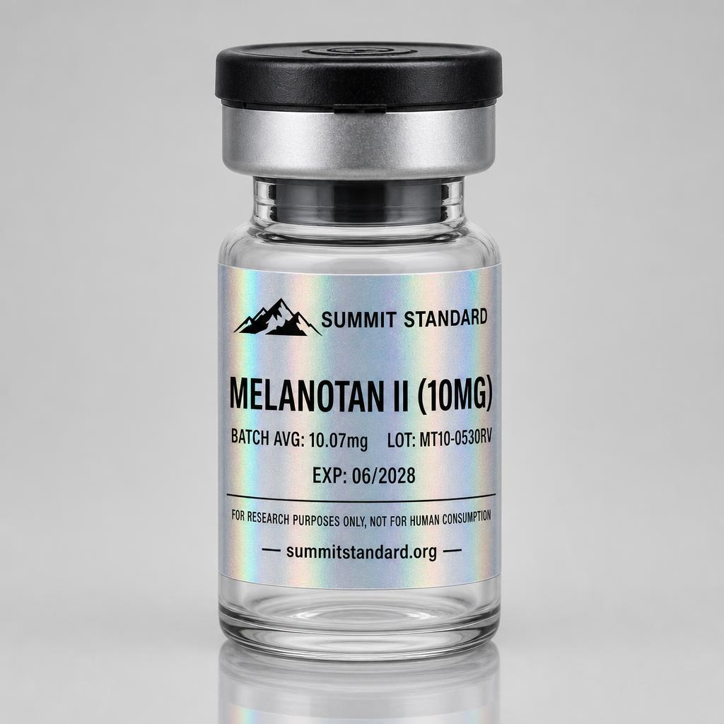 Melanotan II 10mg research vial with holographic Summit Standard label