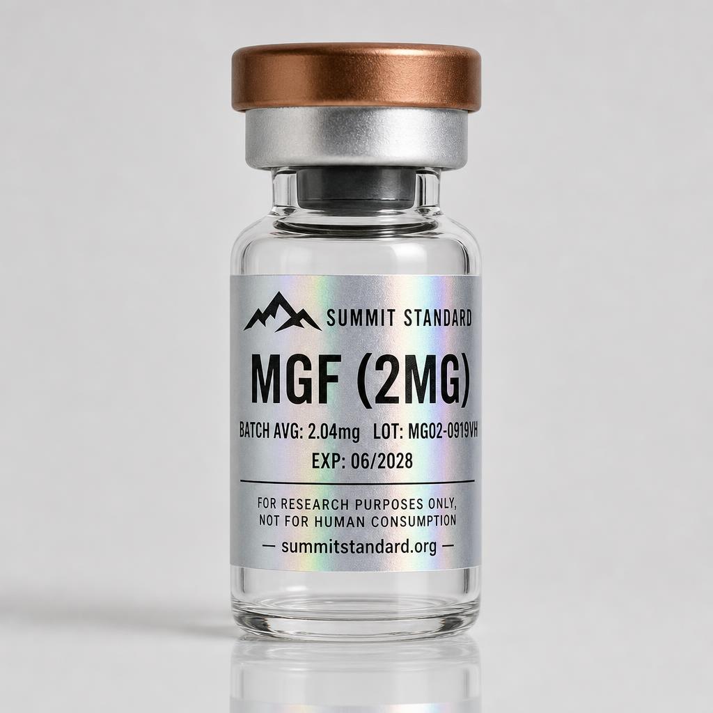MGF 2mg research vial with holographic Summit Standard label