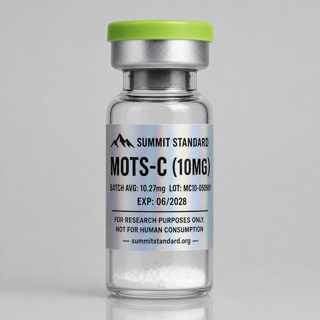 MOTS-C 10mg research vial with holographic Summit Standard label