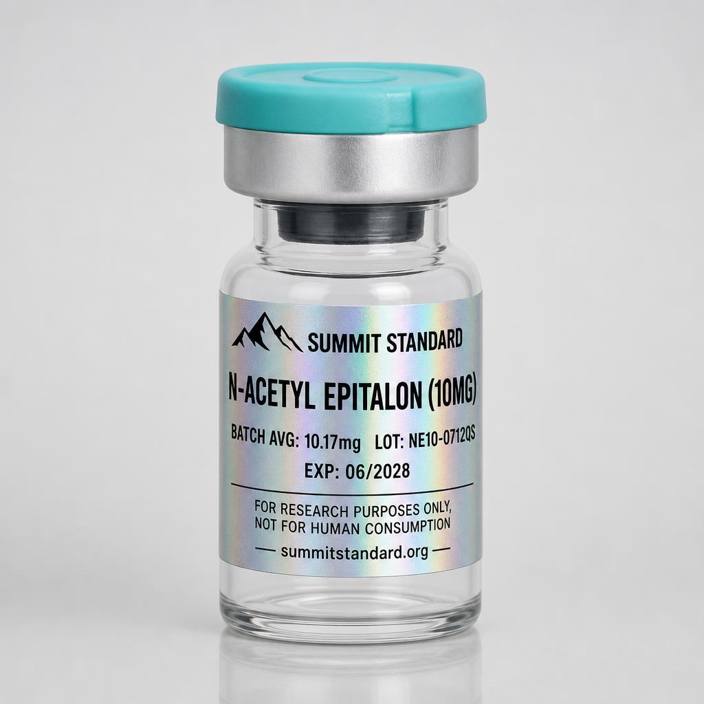 N-Acetyl Epitalon 10mg research vial with holographic Summit Standard label