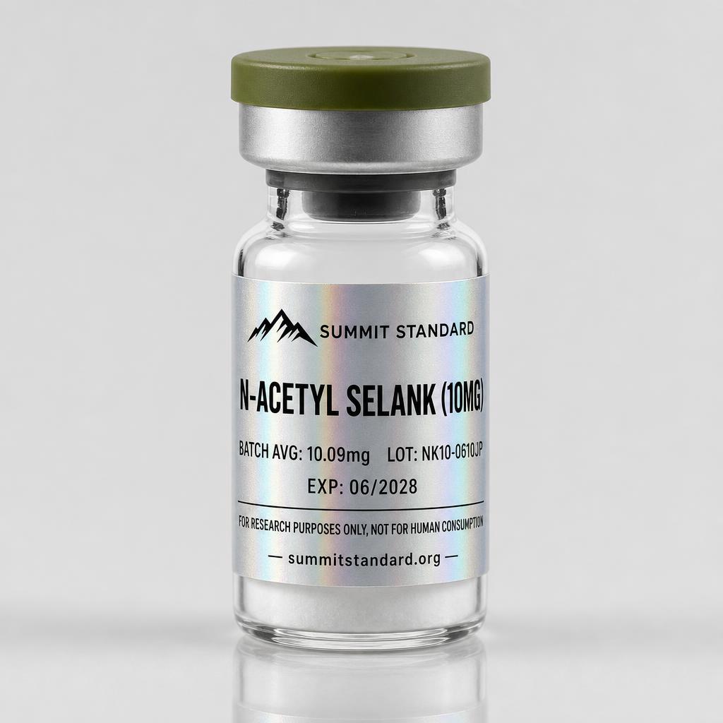 N-Acetyl Selank Amidate 10mg research vial with holographic Summit Standard label