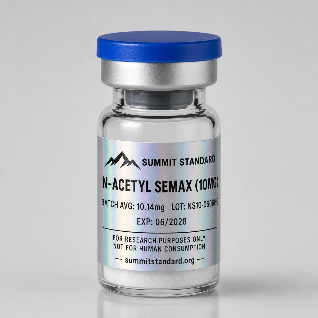 N-Acetyl Semax Amidate 10mg research vial with holographic Summit Standard label