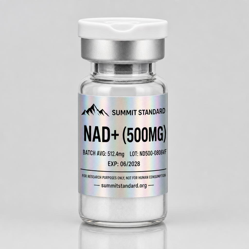 NAD+ Buffered 500mg research vial with holographic Summit Standard label