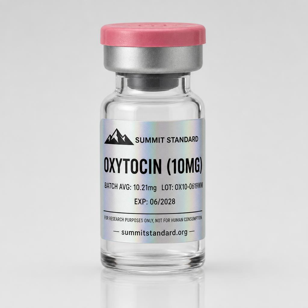 Oxytocin 10mg research vial with holographic Summit Standard label