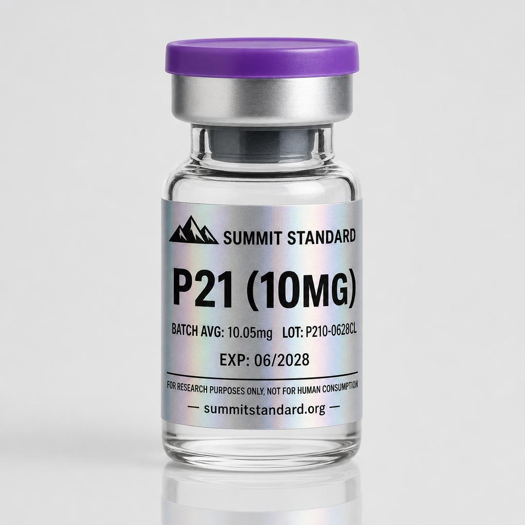 P21 10mg research vial with holographic Summit Standard label
