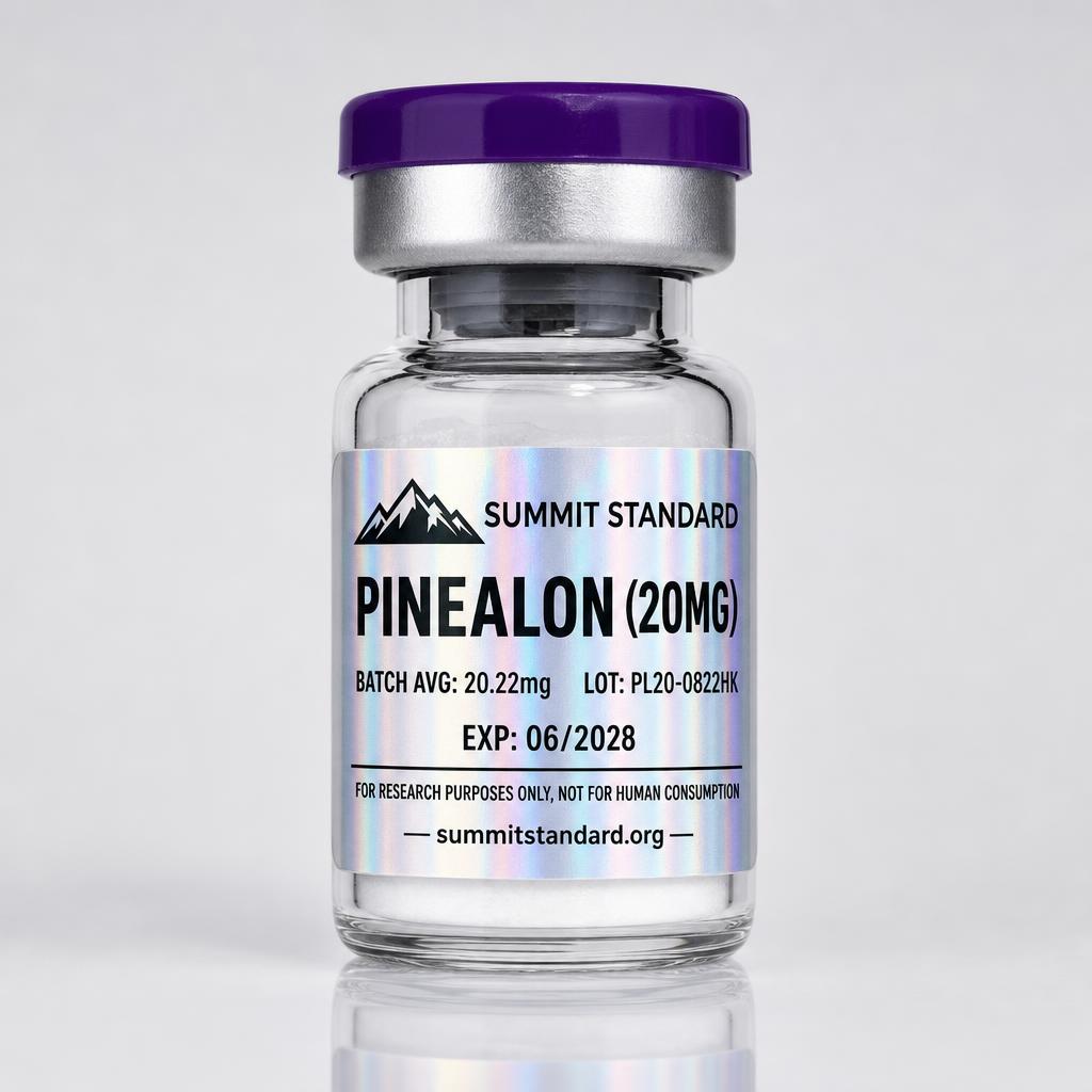 Pinealon 20mg research vial with holographic Summit Standard label