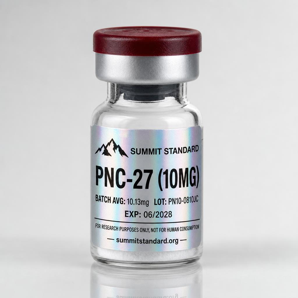 PNC-27 10mg research vial with holographic Summit Standard label