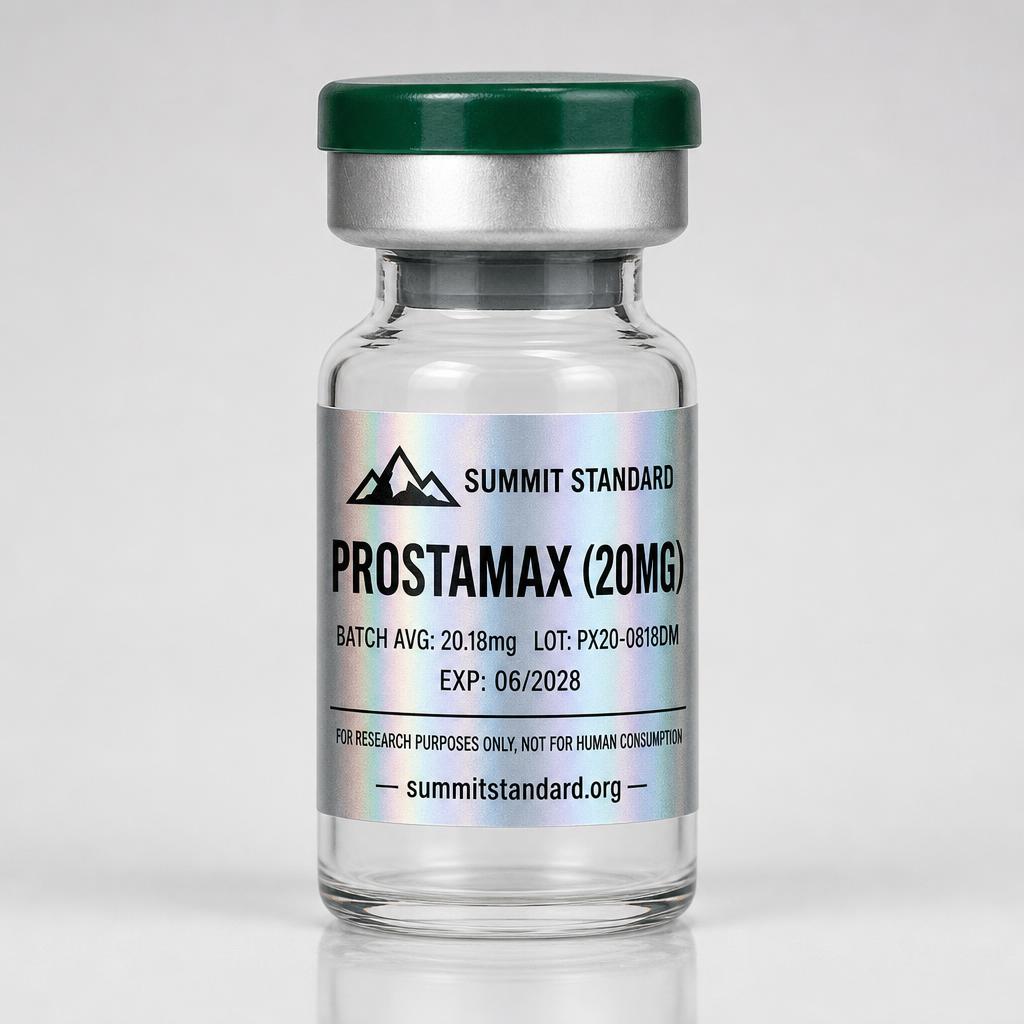 Prostamax 20mg research vial with holographic Summit Standard label
