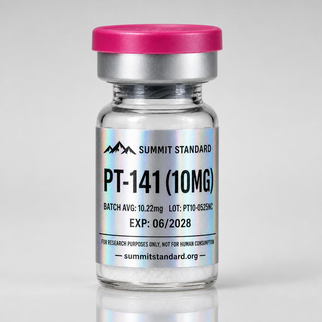 PT-141 10mg research vial with holographic Summit Standard label