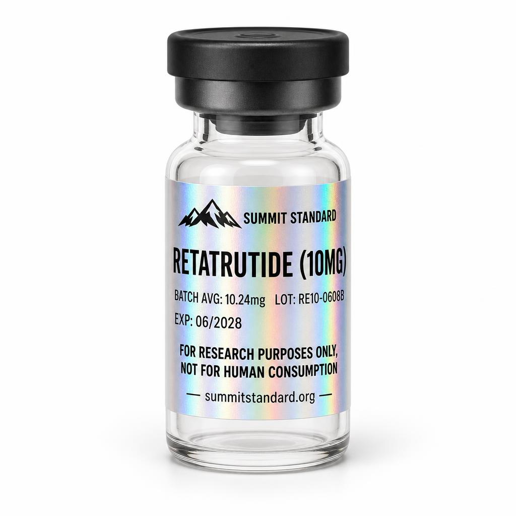 Retatrutide 10mg research vial with holographic Summit Standard label