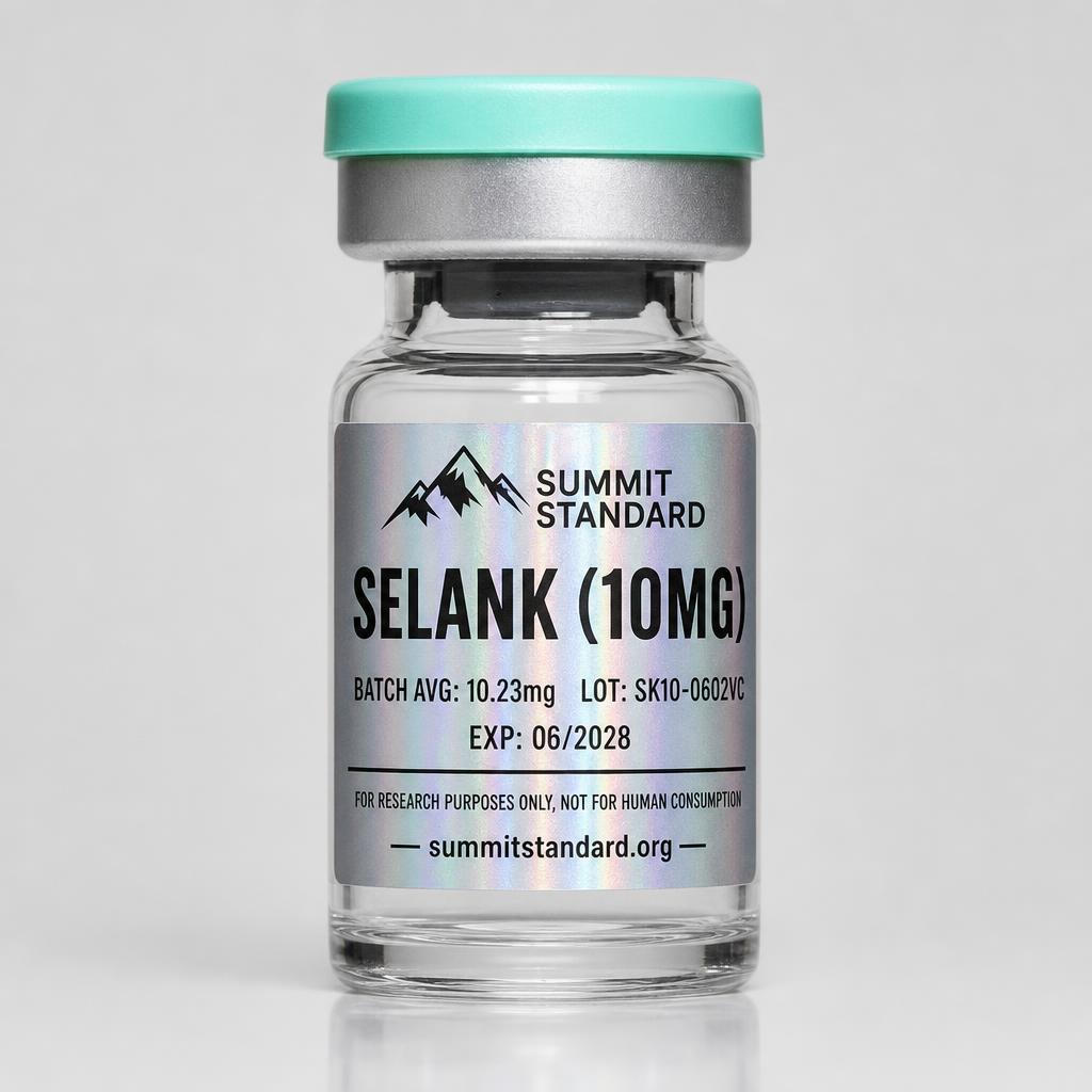 Selank 10mg research vial with holographic Summit Standard label