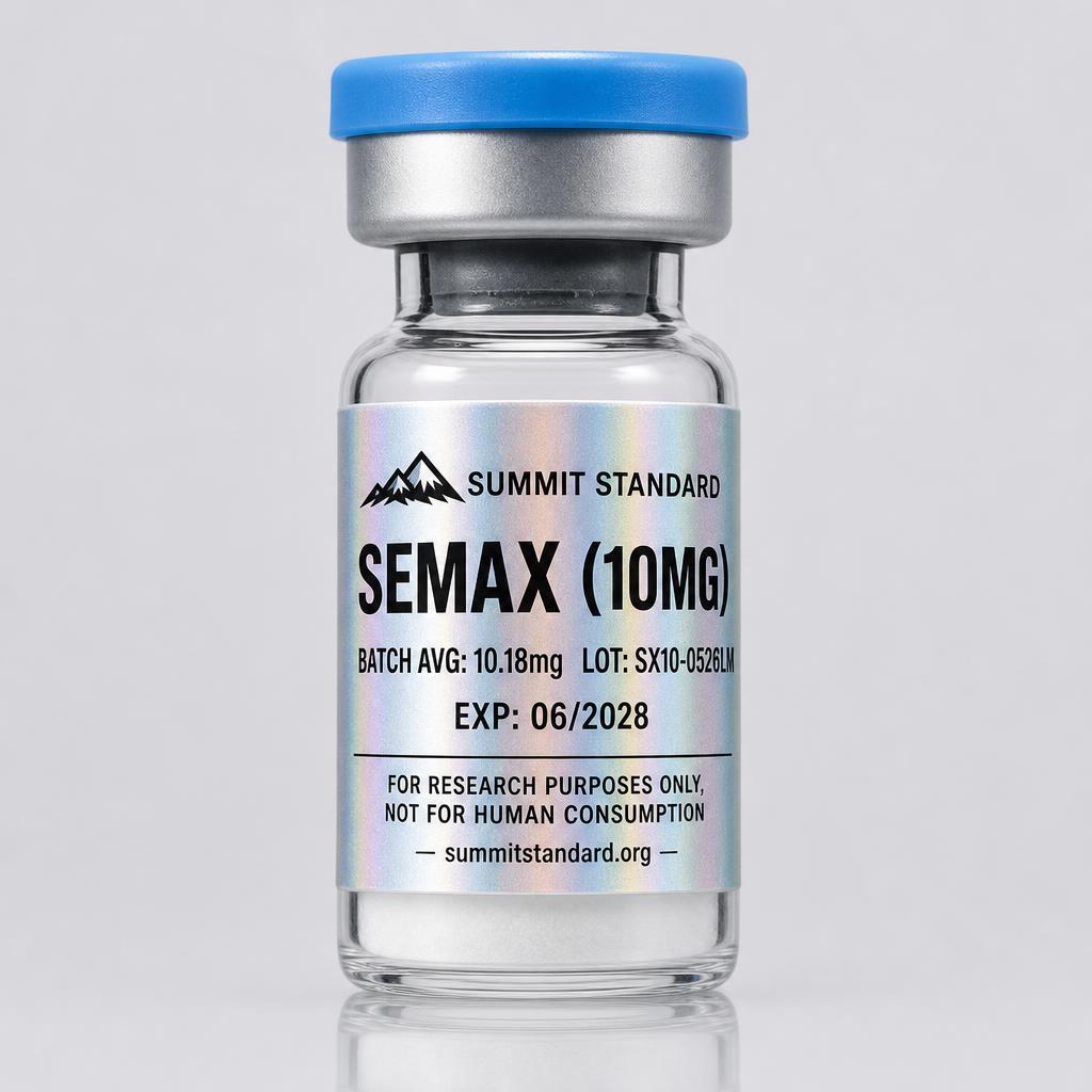 Semax 10mg research vial with holographic Summit Standard label