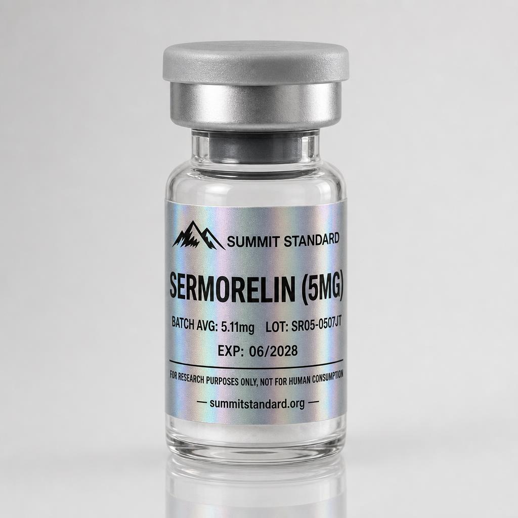 Sermorelin 5mg research vial with holographic Summit Standard label