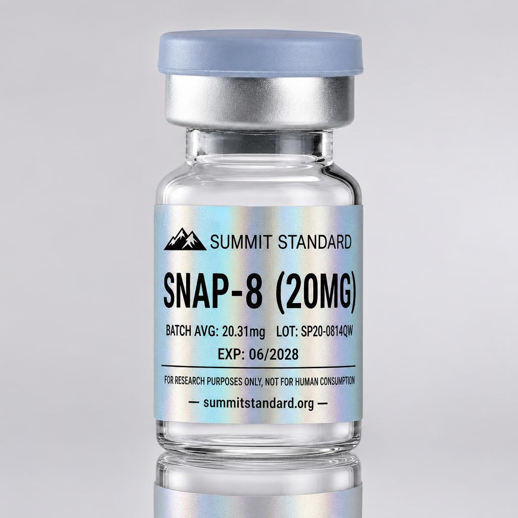 SNAP-8 20mg research vial with holographic Summit Standard label