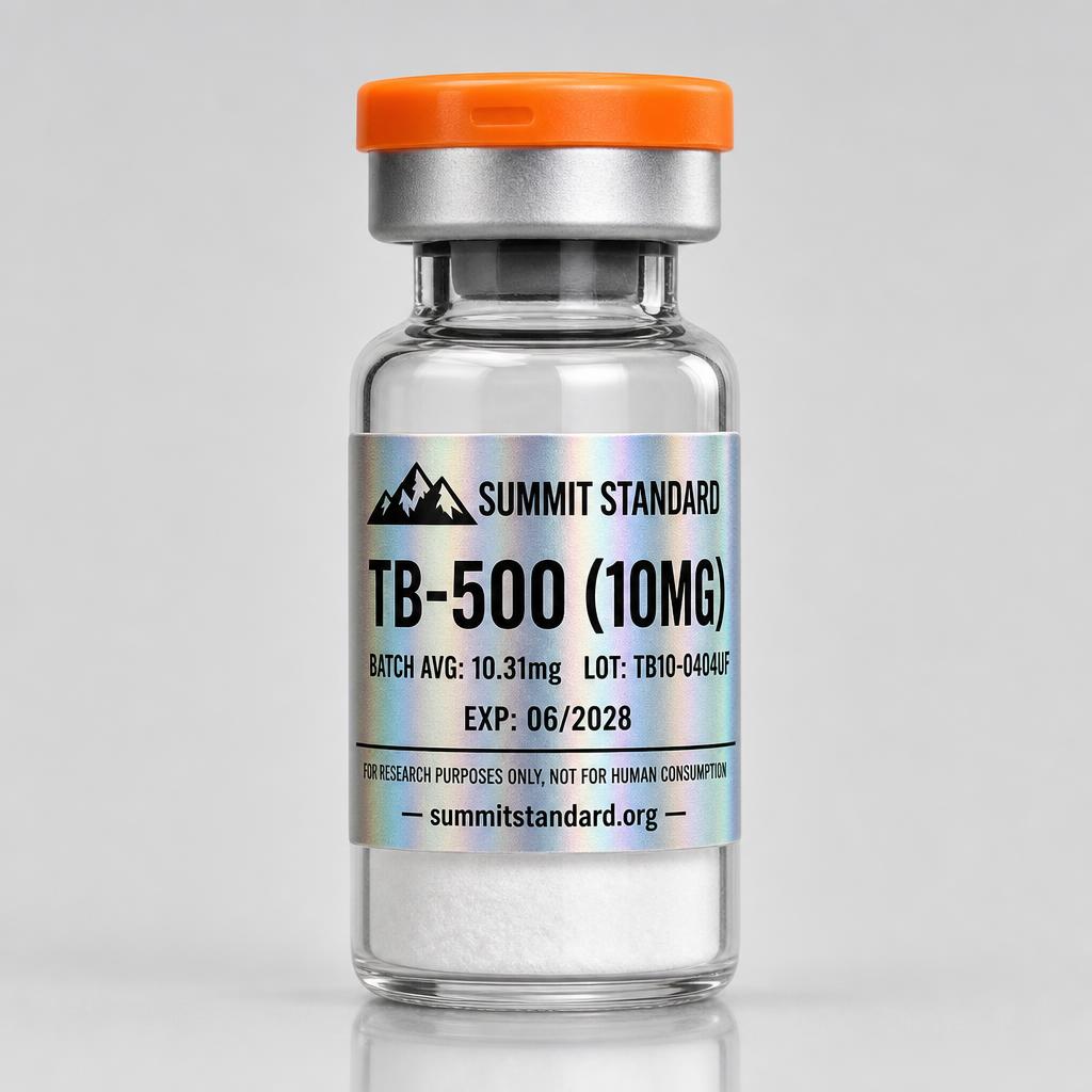 TB-500 (TB4) 10mg research vial with holographic Summit Standard label
