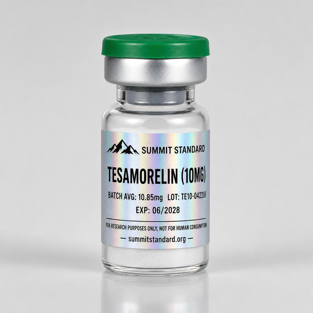 Tesamorelin 10mg research vial with holographic Summit Standard label