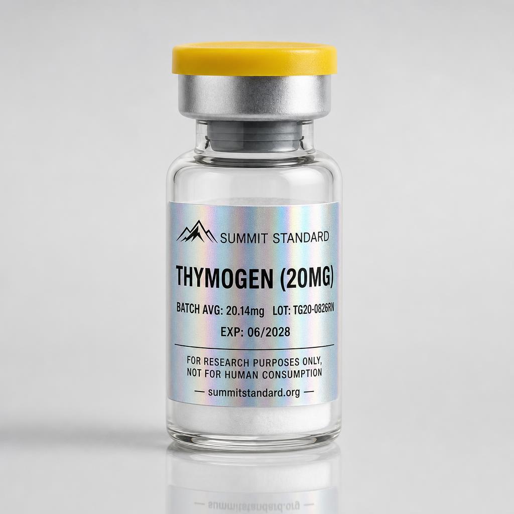 Thymogen 20mg research vial with holographic Summit Standard label