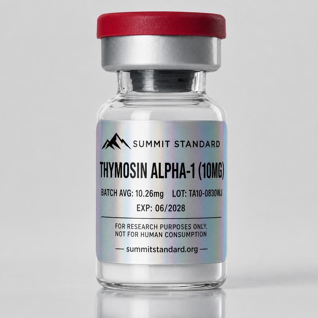 Thymosin Alpha-1 10mg research vial with holographic Summit Standard label
