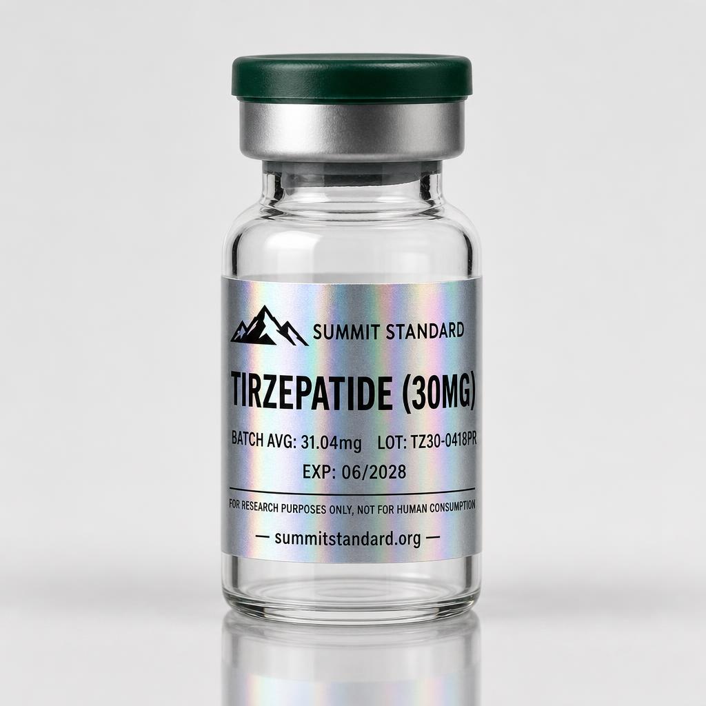 Tirzepatide 15mg research vial with holographic Summit Standard label