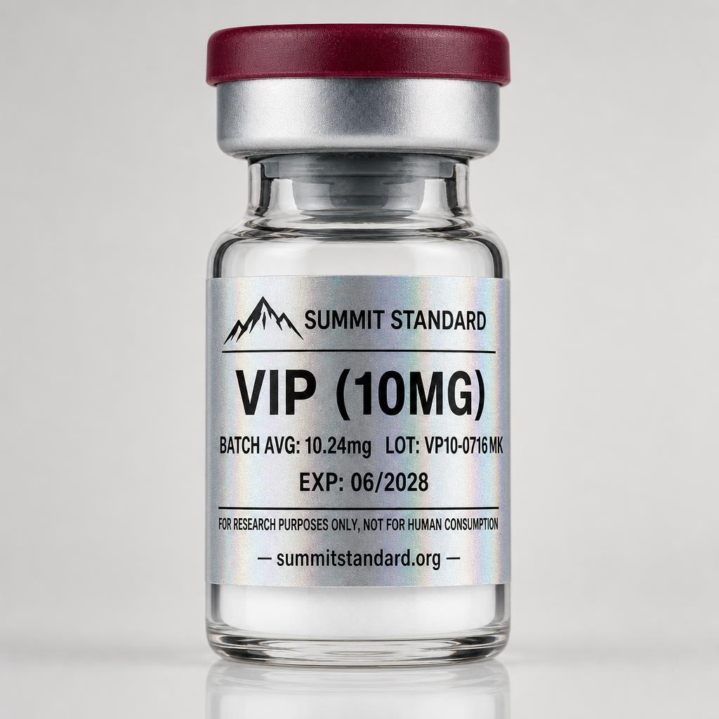 VIP 10mg research vial with holographic Summit Standard label